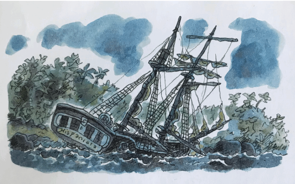 Ship Hispaniolla, drawing by Mauri Kunnas, from the book Merirosvot