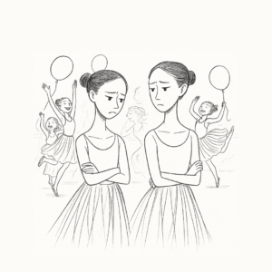 A dance class with children having fun and moving freely in the background, while two children in the foreground stand with their arms crossed, avoiding participation due to fear of failure.