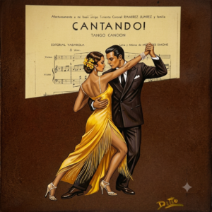 A tango couple dancing gracefully beside sheet music, illustrating the relationship between music, movement, and musicality in dance.