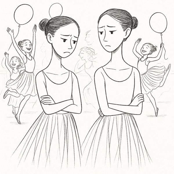 A dance class with children having fun and moving freely in the background, while two children in the foreground stand with their arms crossed, avoiding participation due to fear of failure.