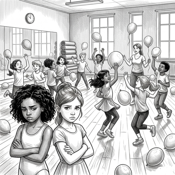 A dance class with children having fun and moving freely in the background, while two children in the foreground stand with their arms crossed, avoiding participation due to fear of failure.