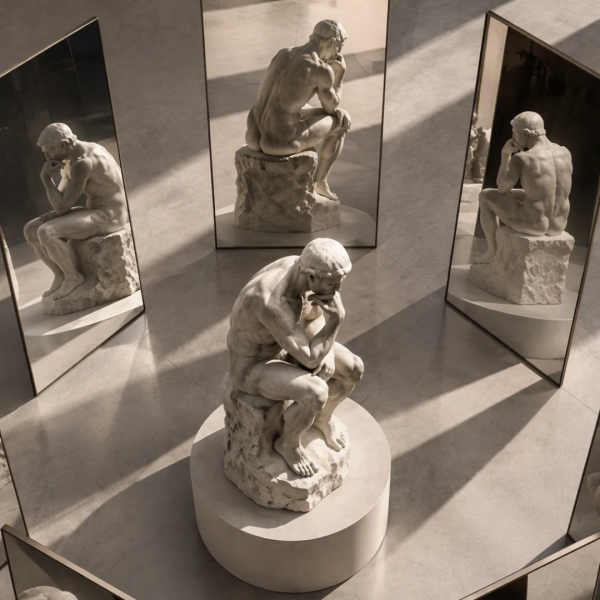 Classical marble statue surrounded by multiple mirrors in a minimalist contemporary gallery, with each reflection presenting a different perspective of the same artwork, symbolizing artistic interpretation, dance criticism, and hermeneutic analysis.