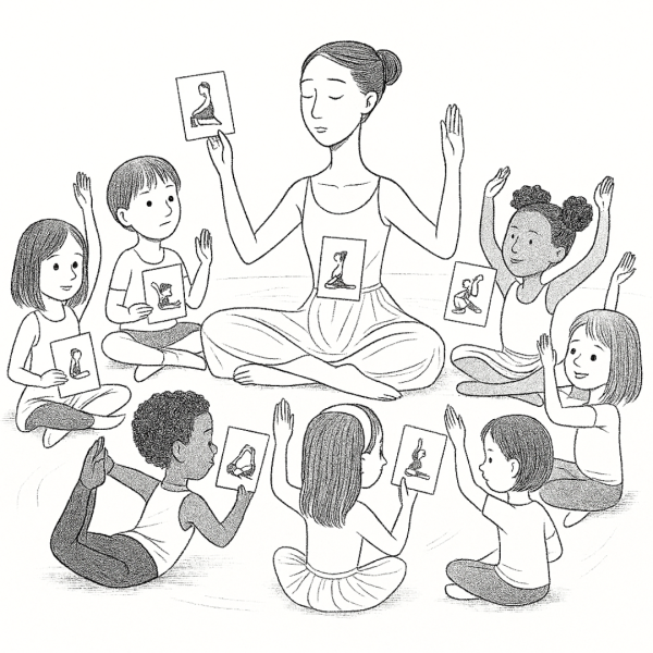 A calm yoga moment in a kindergarten dance class, with children sitting in a circle choosing and demonstrating yoga poses while soft music plays.