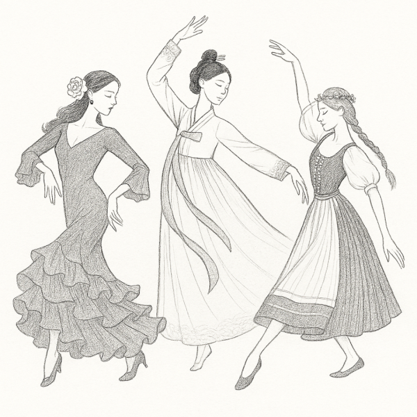 Three dancers from different cultural backgrounds wearing traditional folk costumes, symbolizing diversity and intercultural collaboration.