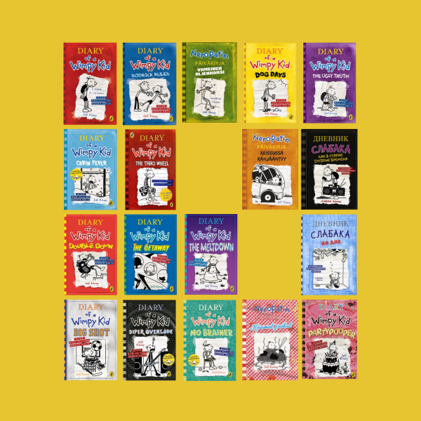 ollage of all Diary of a Wimpy Kid book covers by Jeff Kinney, showing the complete series in colorful, illustrated designs.
