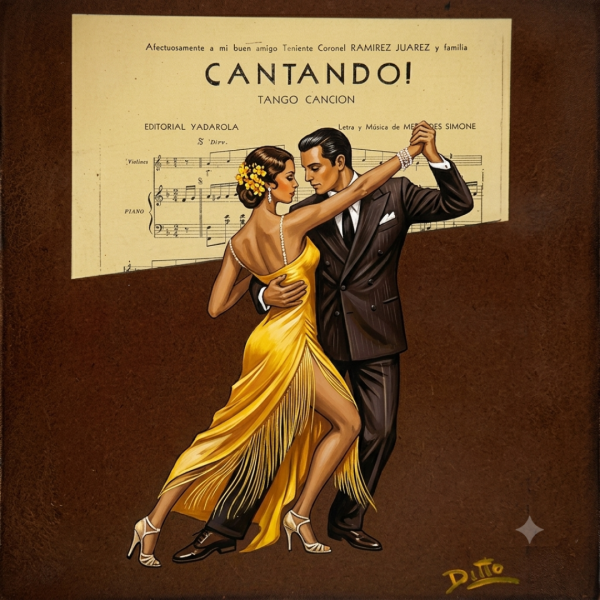 A tango couple dancing gracefully beside sheet music, illustrating the relationship between music, movement, and musicality in dance.