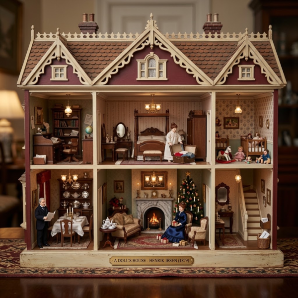 An ornate 19th-century Victorian dollhouse with open rooms depicting scenes from Henrik Ibsen's play A Doll's House.